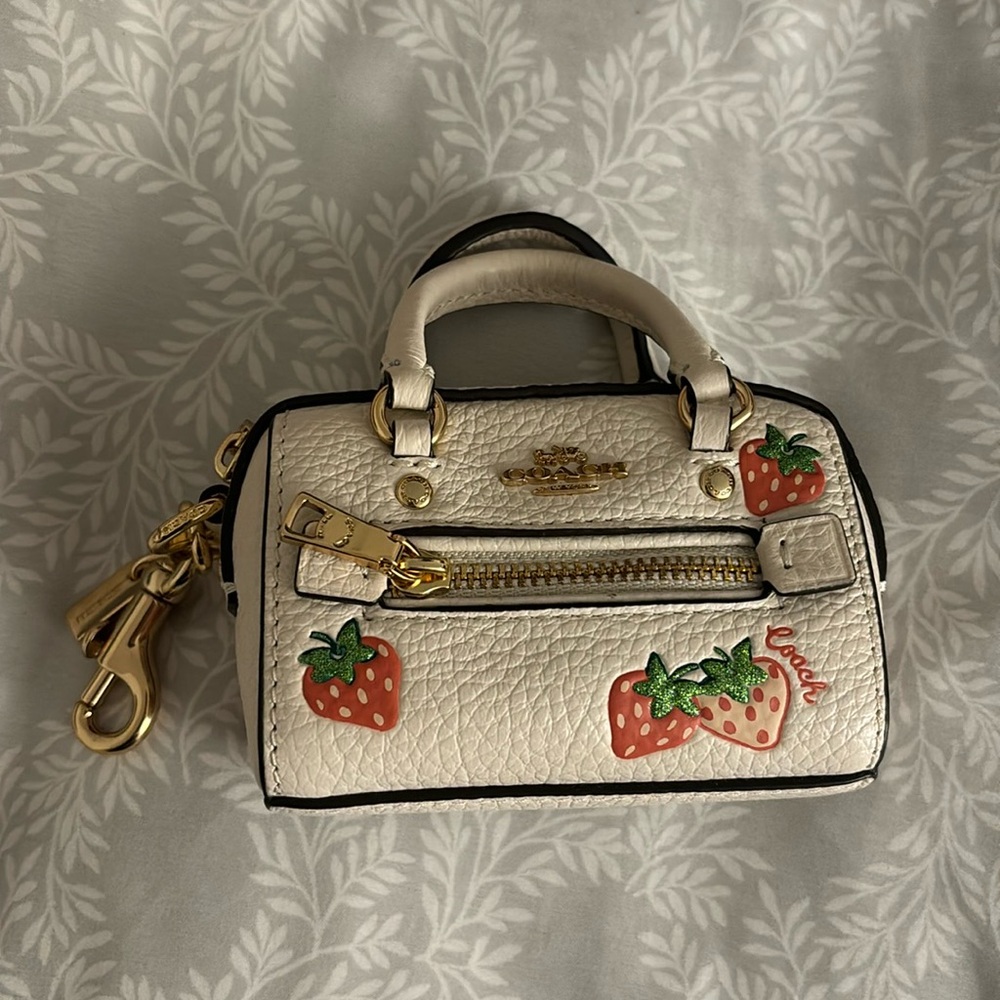 COACH Mini Rowan Satchel Bag Keychain Charm With Strawberry Print